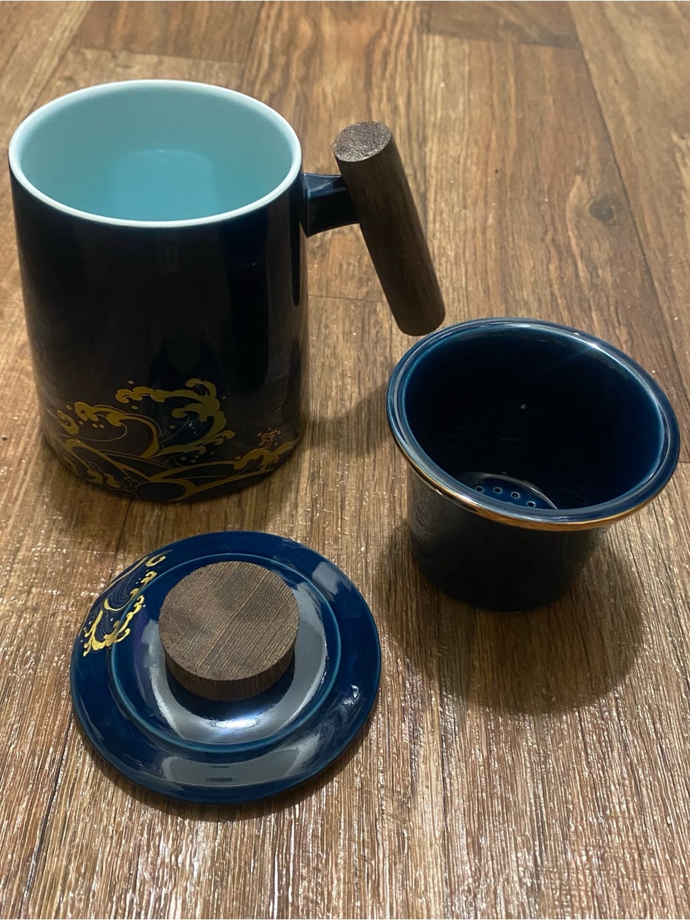 Cobalt Blue & Gold Pattern Tea Cup Mug With Infuser & Lid Japanese Style Ceramic